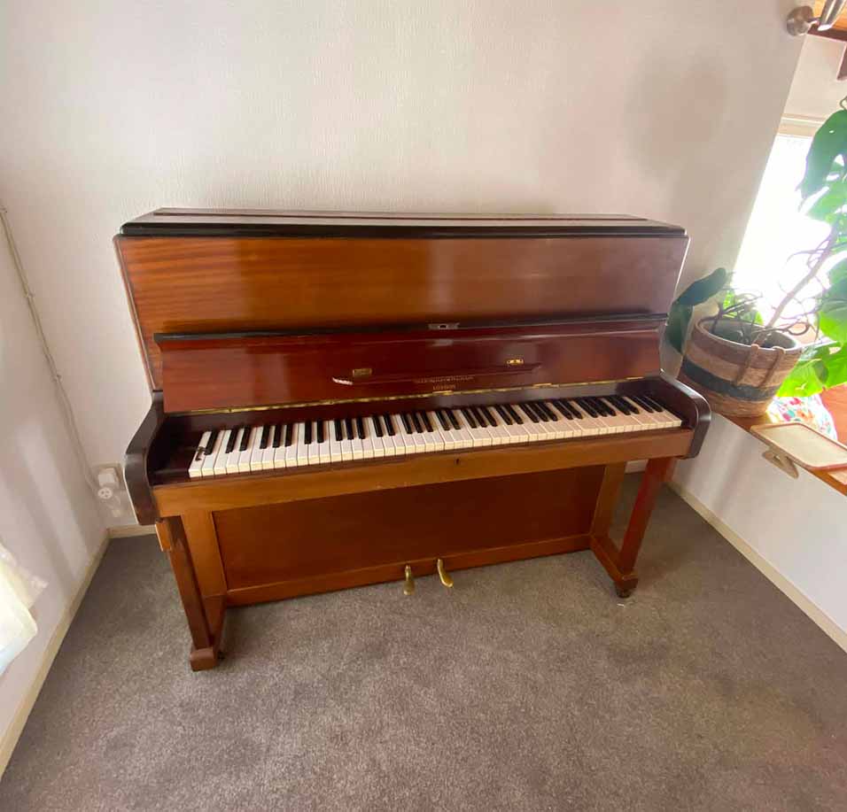 Upright wooden piano with keyboard and two pedals in a carpeted room near a potted plant.