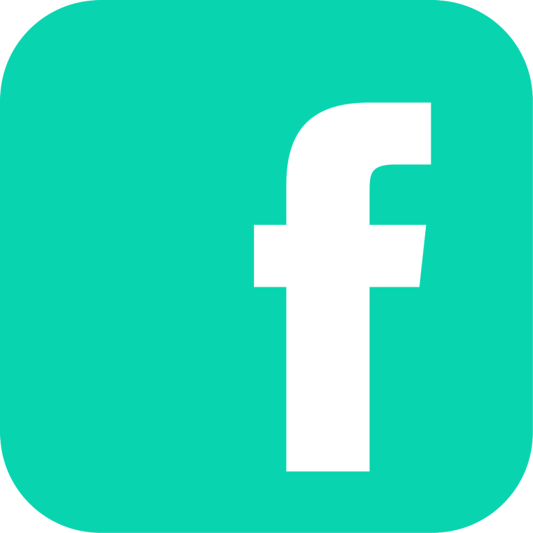 Black Facebook 'f' logo on a turquoise rounded square background.