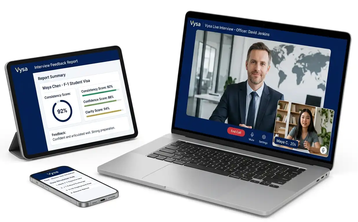 Laptop showing video interview with man and woman, tablet with visa interview feedback, and phone with text.