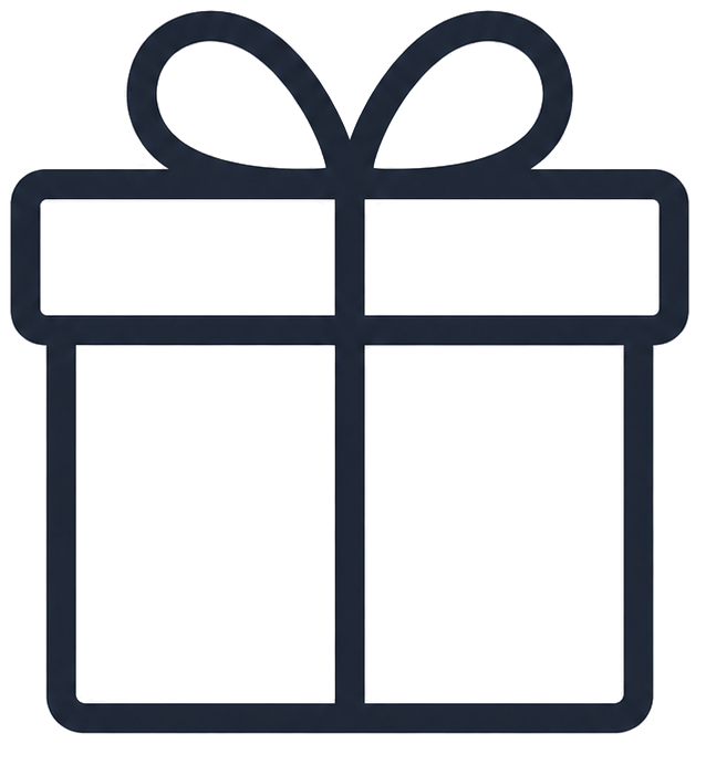 Black outline of a gift box with a bow on top on a white background.