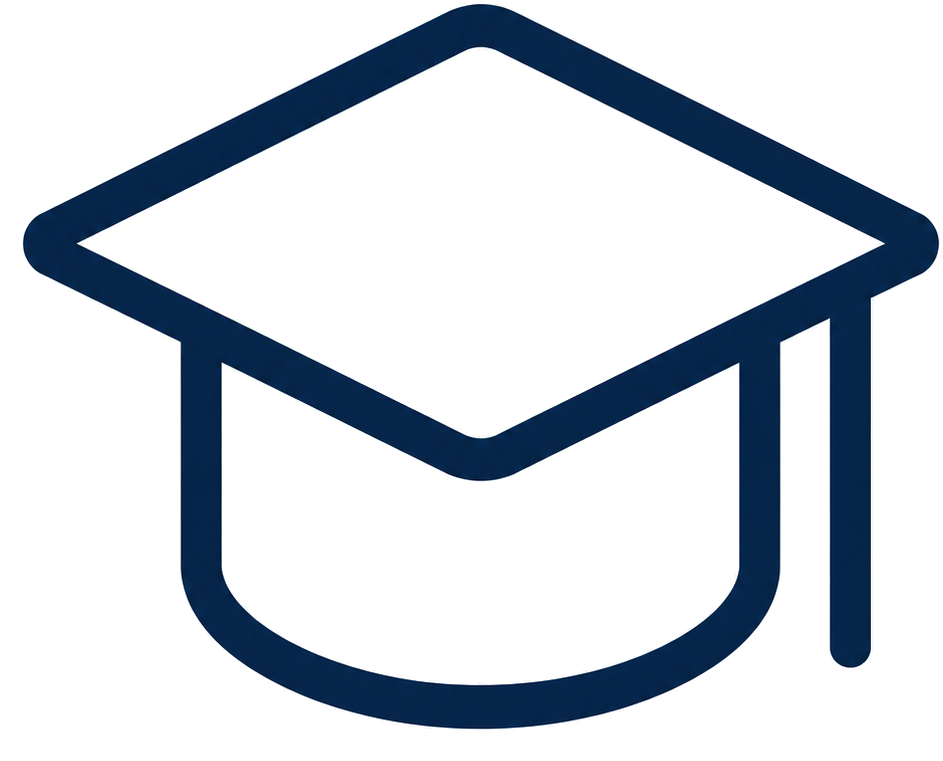 Simple navy blue outlined graduation cap icon on white background.