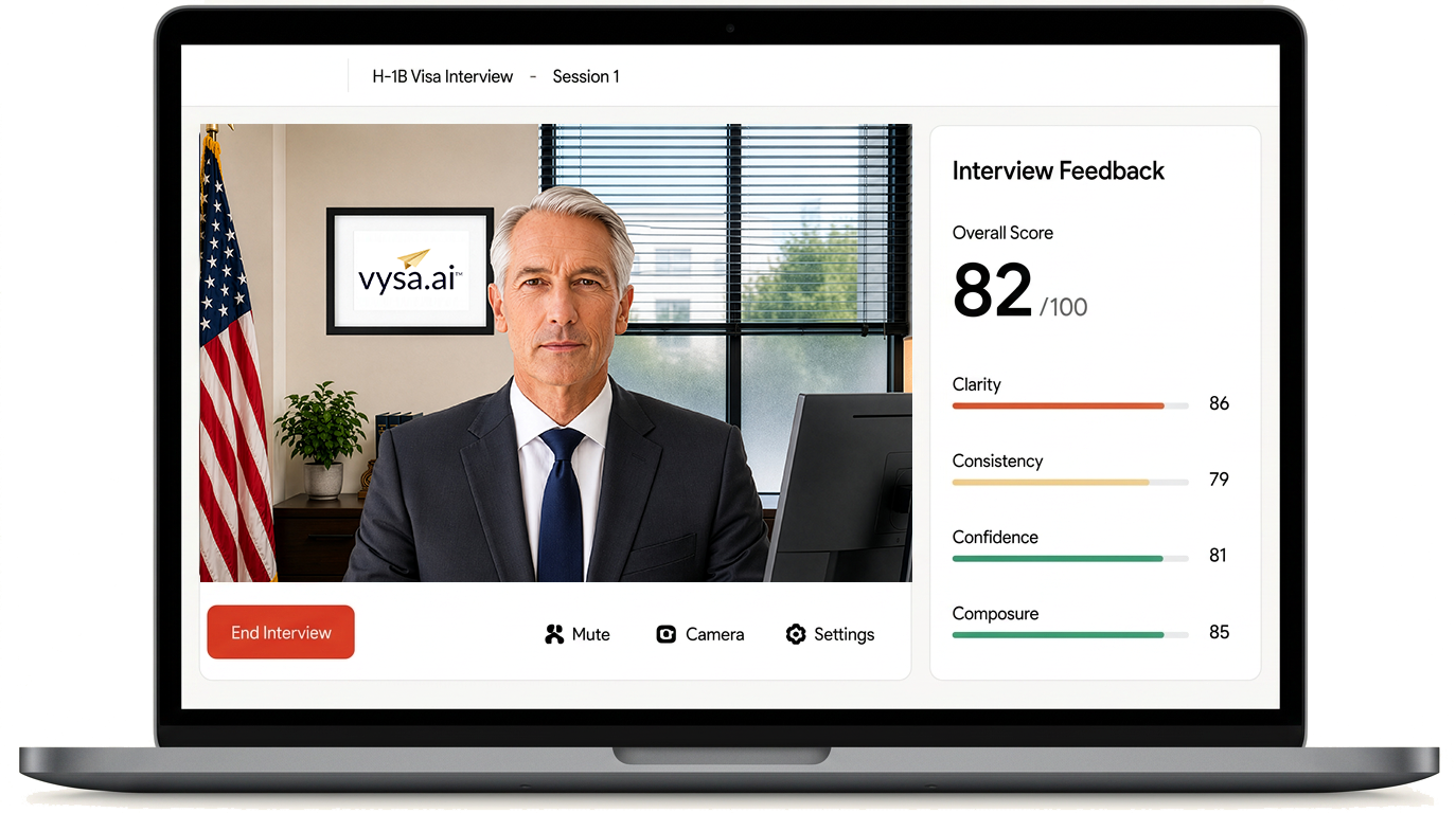 A tela do laptop exibe uma entrevista virtual para o visto H-1B com um homem de terno e as notas de avaliação da entrevista.