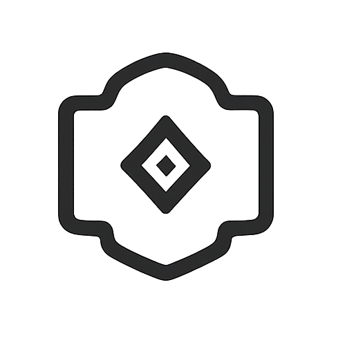 Emblema preto com um losango no interior, sobre um fundo cinza escuro.