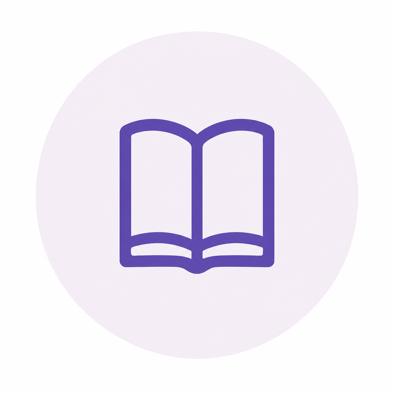 Ícone de um livro aberto roxo dentro de um fundo circular roxo claro.