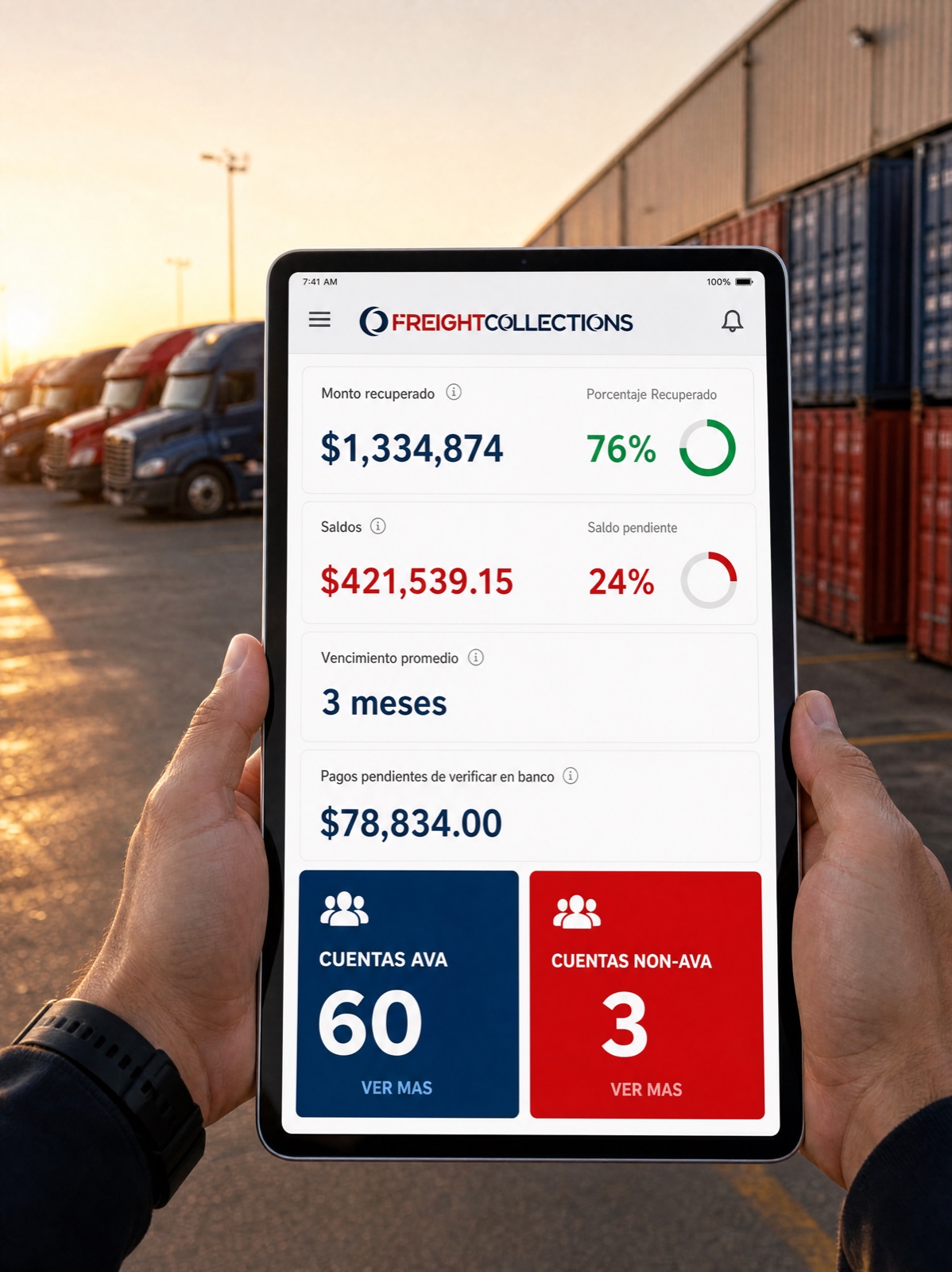 Portal FreightCollections en iPad - dashboard mostrando monto recuperado, saldos, vencimiento promedio, pagos pendientes, cuentas AVA y NON-AVA