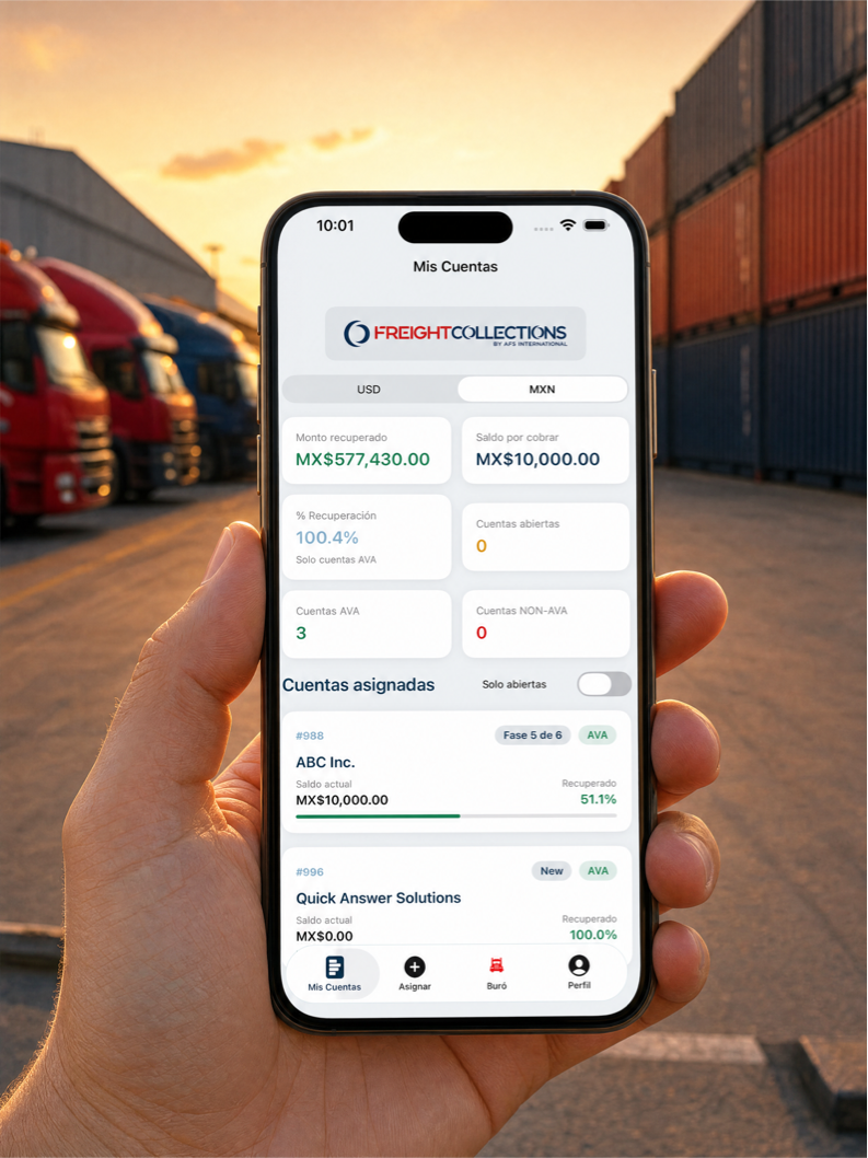 Portal FreightCollections en iPad - dashboard mostrando monto recuperado, saldos, vencimiento promedio, pagos pendientes, cuentas AVA y NON-AVA