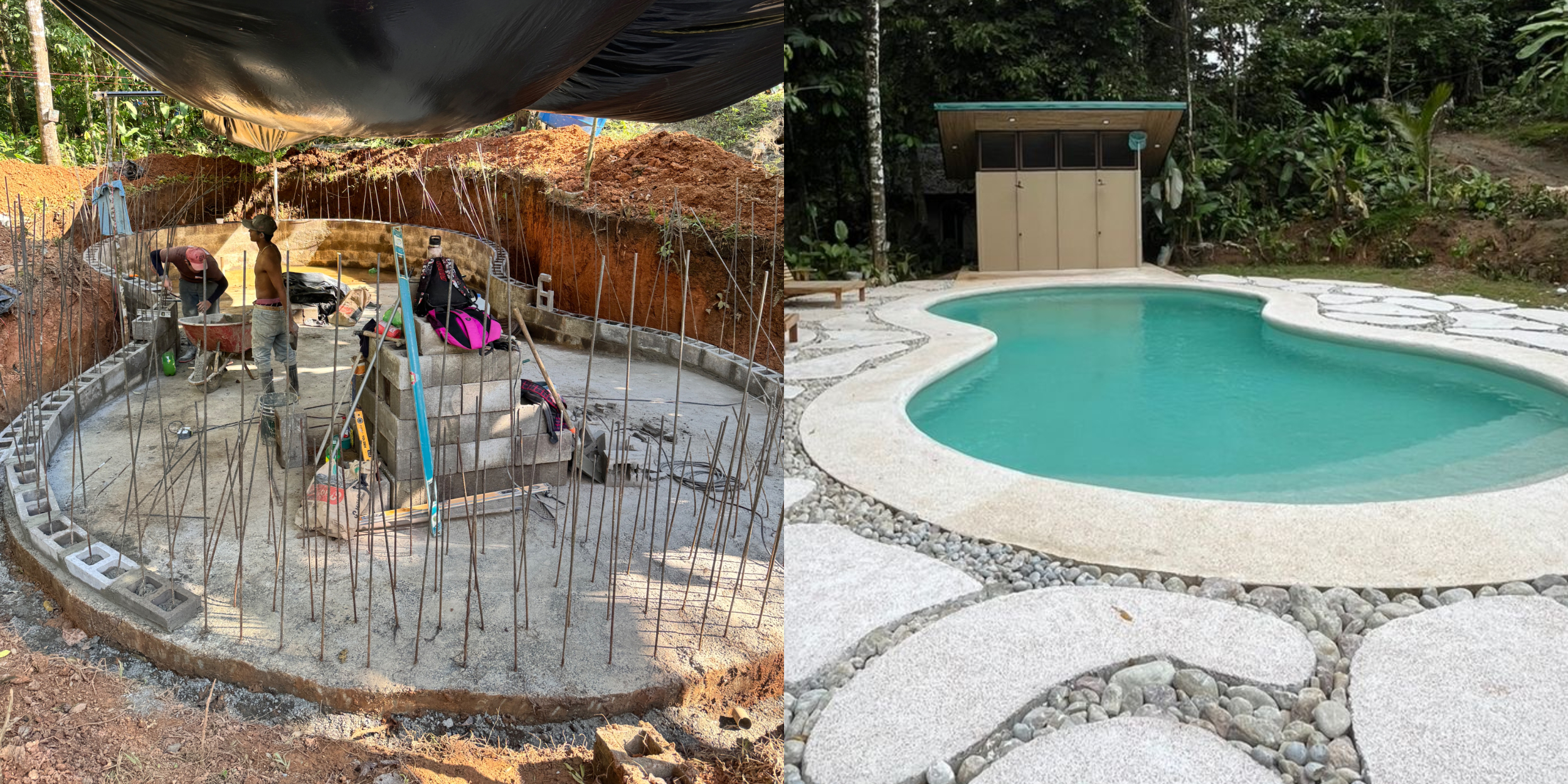 Pool under construction with reinforcement steel beside the finished pool, Costa Rica