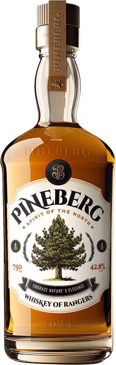 Pineberg Whisky bottle with amber liquid, label with a Pineberg tree in the center and Pineberg written in arch style.