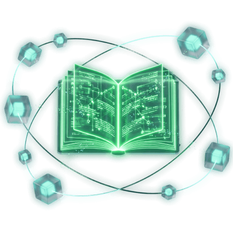 3D-ілюстрація зеленої світної книги зі схемами та орбітами кристалів