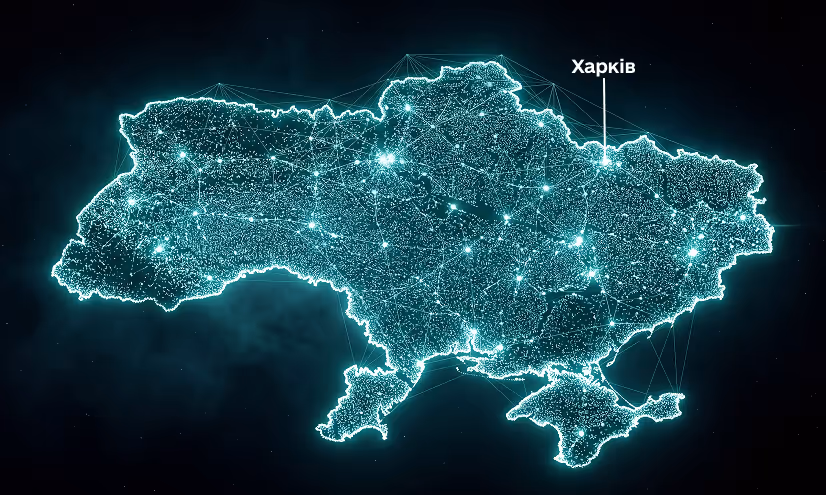Стилізована темна мапа України з підсвіченим містом Харків