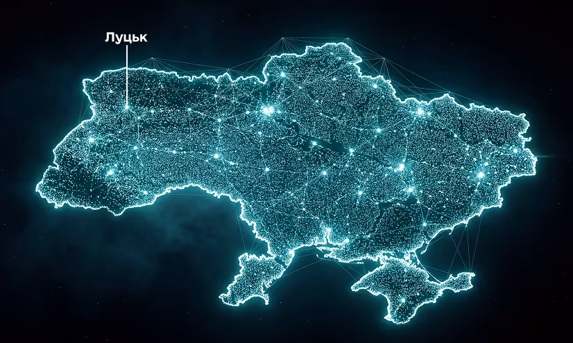 Стилізована мапа України з підсвіченим містом Луцьк