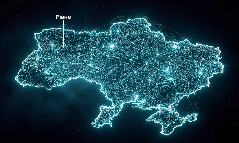 Стилізована темна мапа України з підсвіченим містом Рівне
