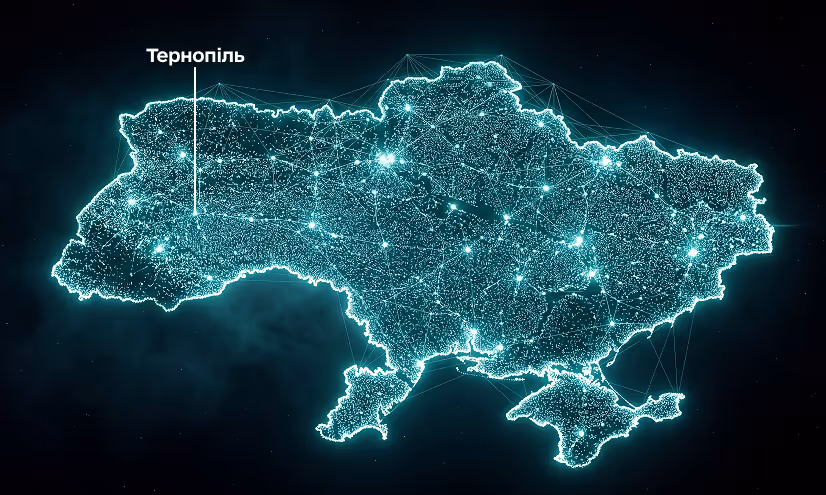 Стилізована мапа України з підсвіченим містом Тернопіль
