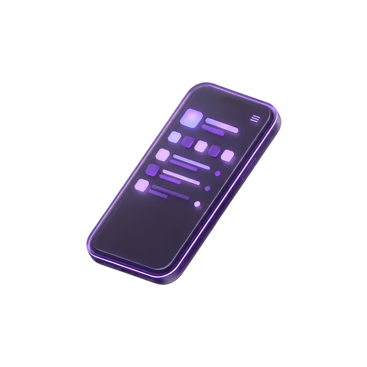 3D-ілюстрація фіолетового смартфона з інтерфейсом чату на екрані