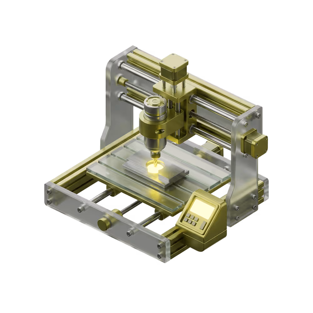 3D-ілюстрація золотистого фрезерного верстата з ЧПК та робочою платформою