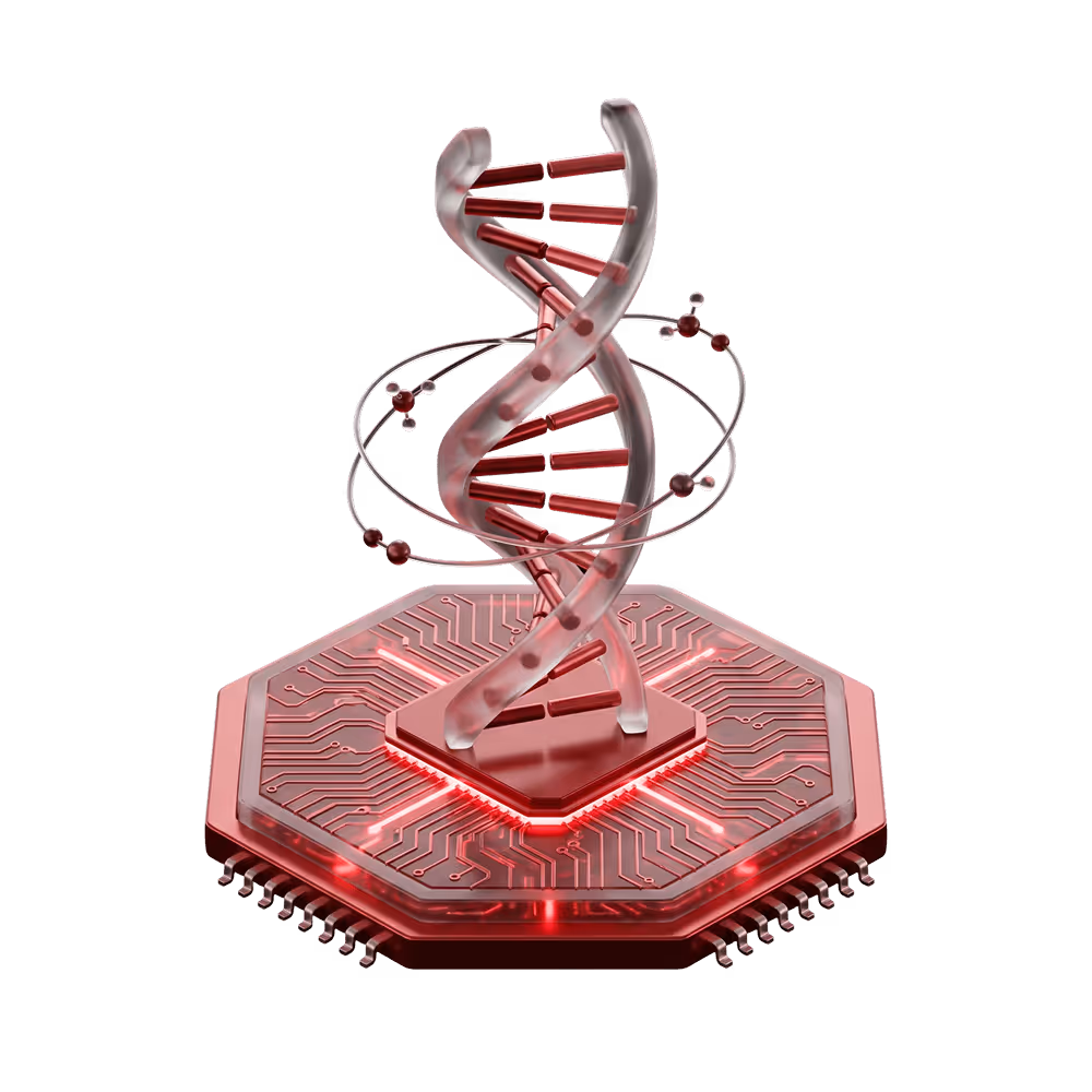 3D-ілюстрація спіралі ДНК над червоною платформою з електронікою