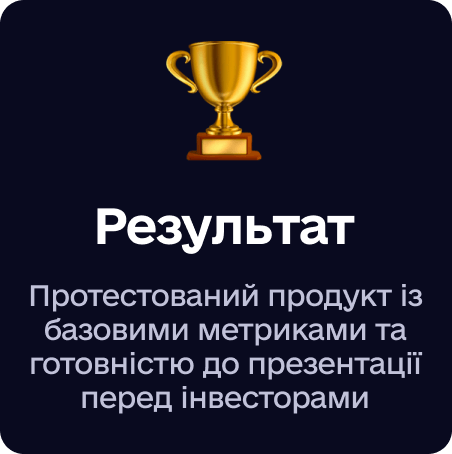 Картка «Результат» із кубком: протестований продукт із базовими метриками для презентації інвесторам
