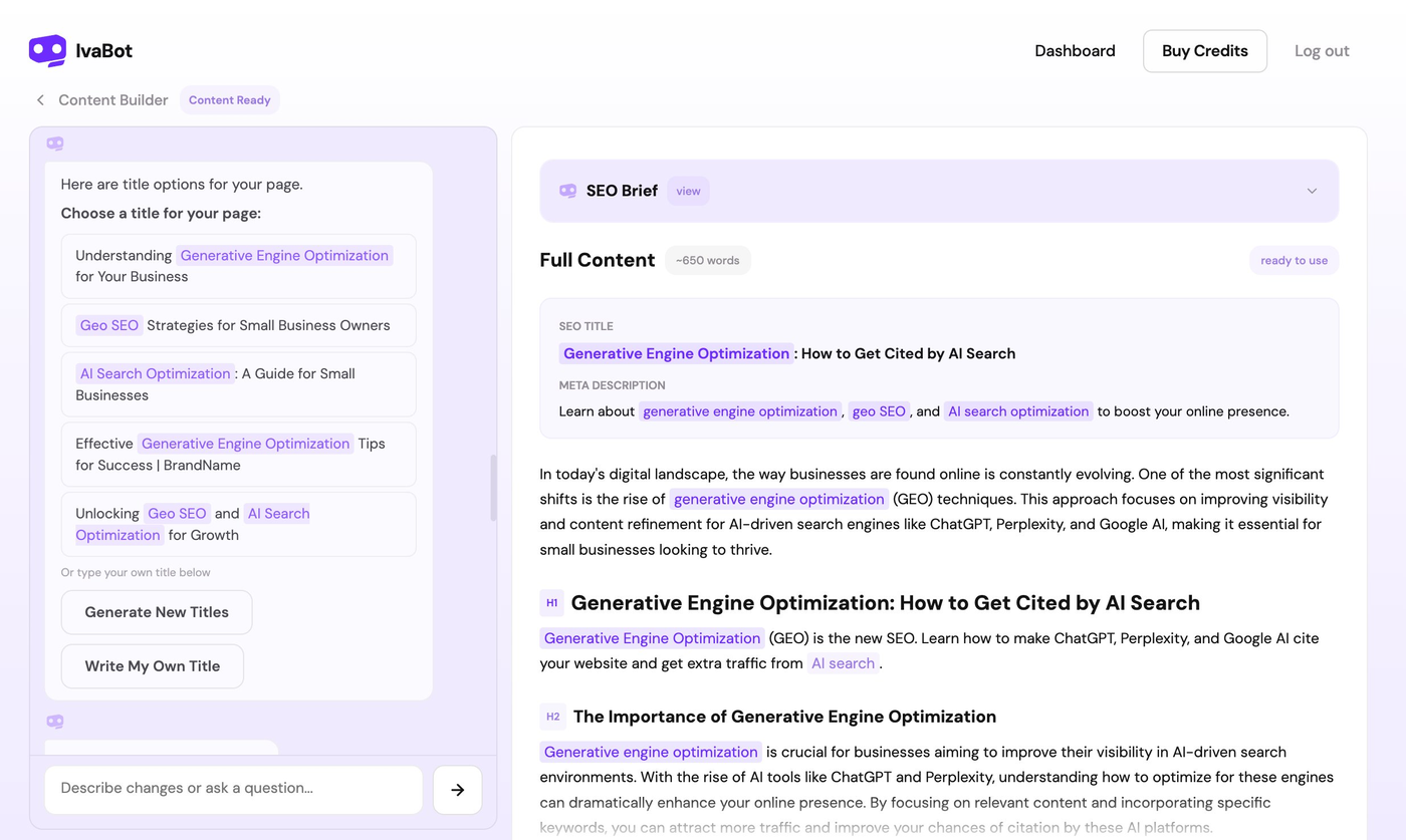 IvaBot Content Builder showing the title selection step and full content preview with H1, H2, and meta description for the Generative Engine Optimization article