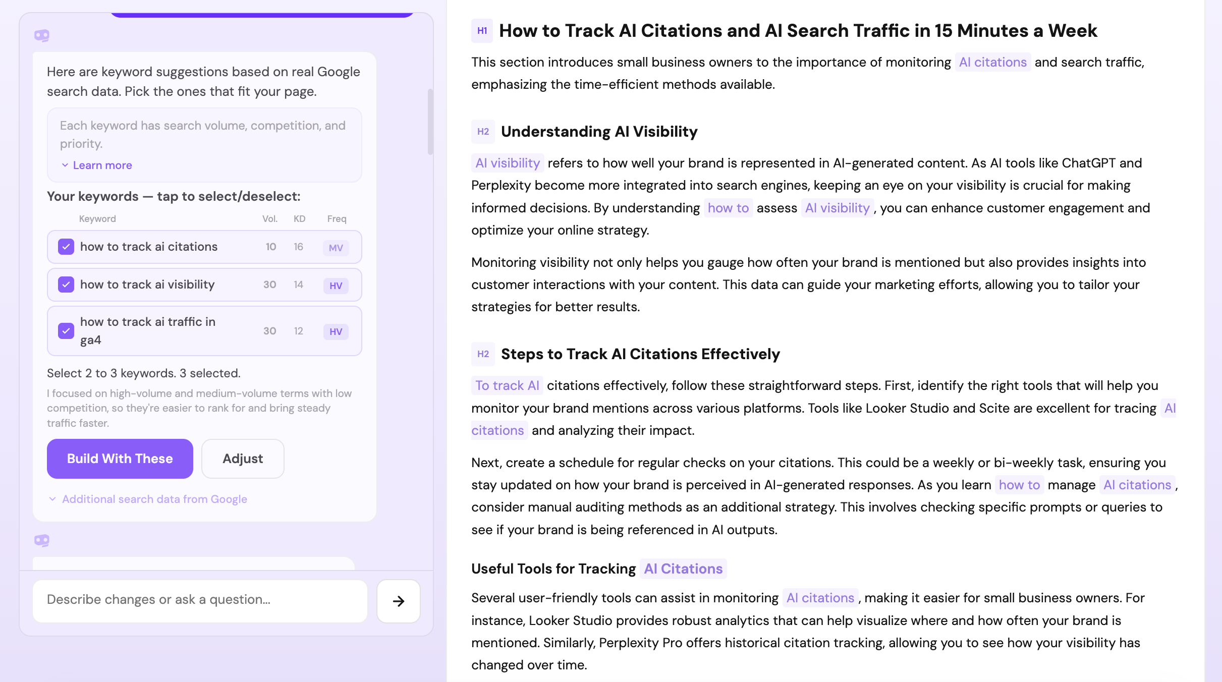 IvaBot Content Builder generating an article brief with title, structure, and keywords