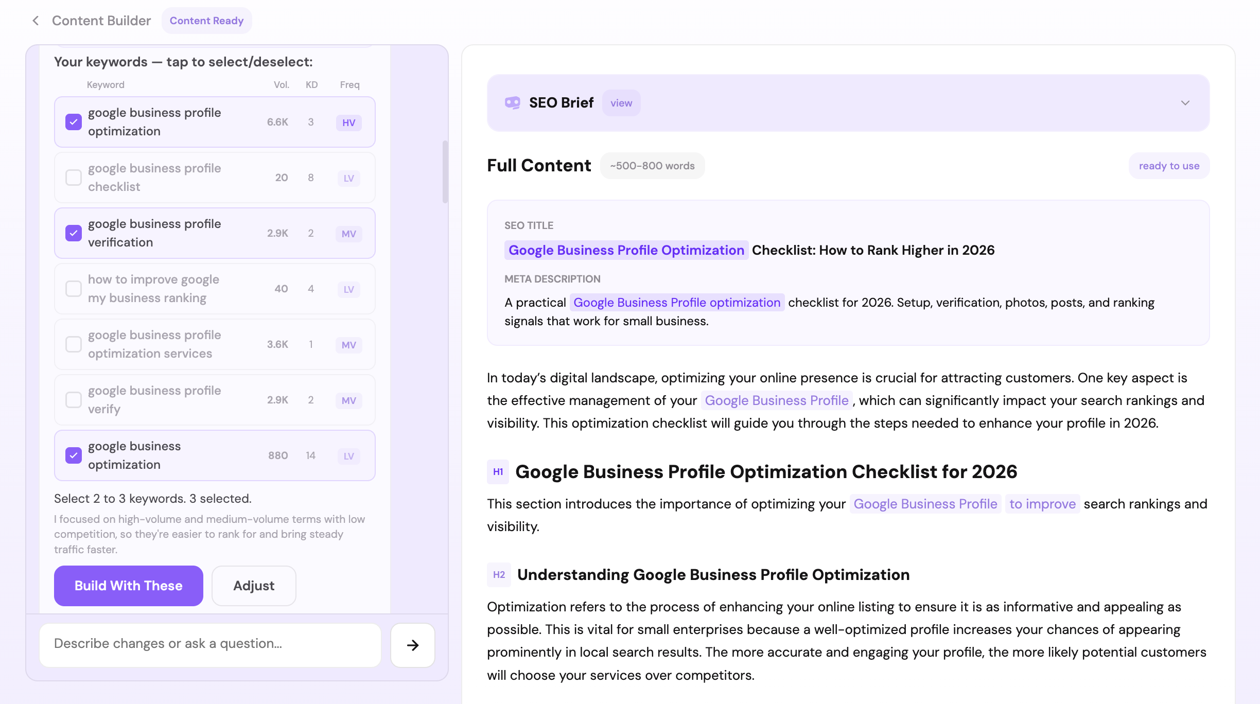 IvaBot Content Builder generating the structure and SEO meta for this Google Business Profile article