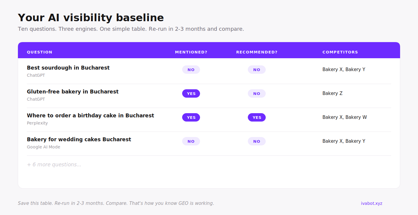 Example baseline table for AI visibility tracking with four bakery questions across ChatGPT, Perplexity, and Google AI Mode