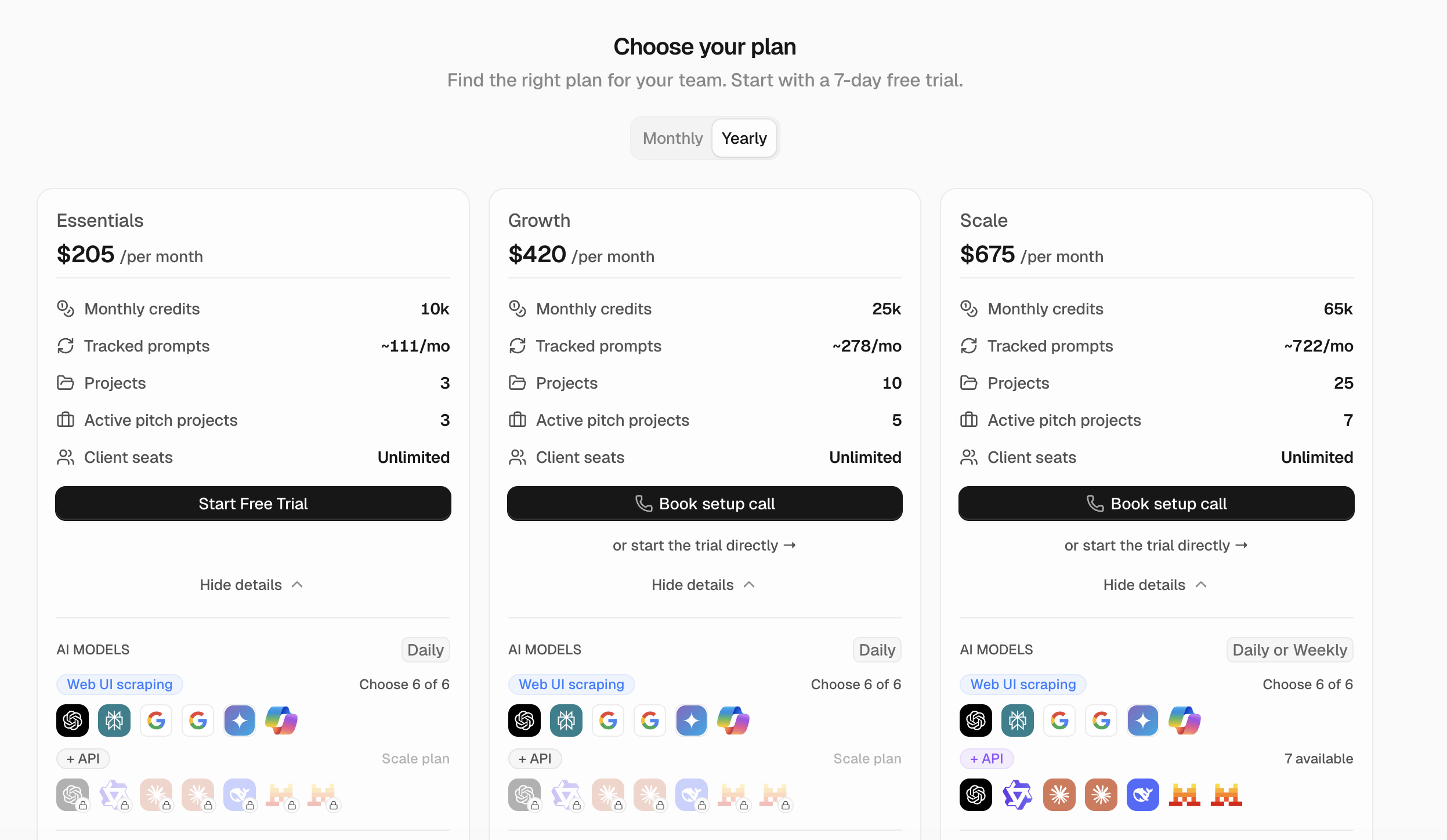 Peec AI agency plans at yearly pricing: Essentials 205 dollars, Growth 420 dollars, Scale 675 dollars a month, all with unlimited client seats.
