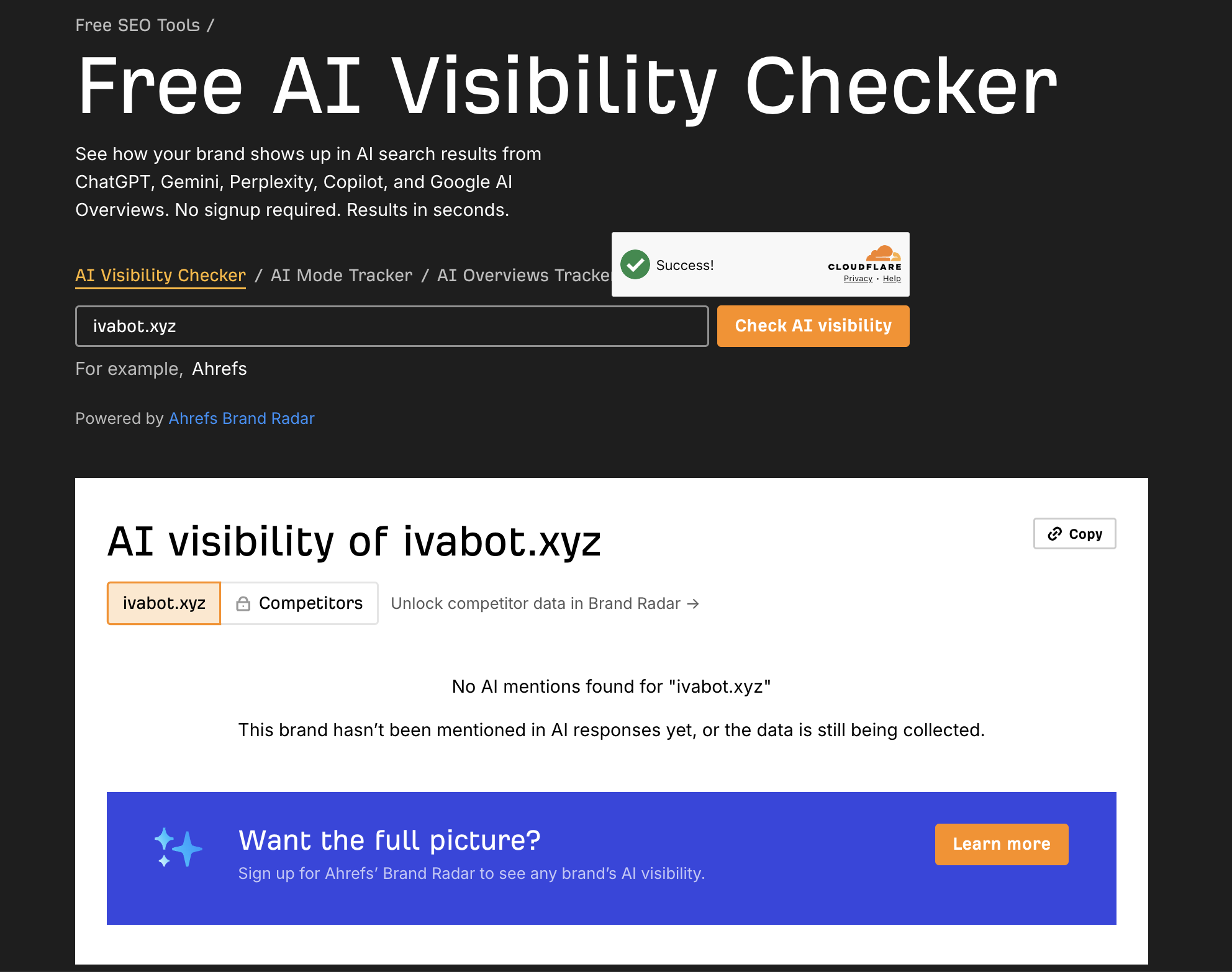 Ahrefs free AI visibility checker returning no mentions for a new brand.