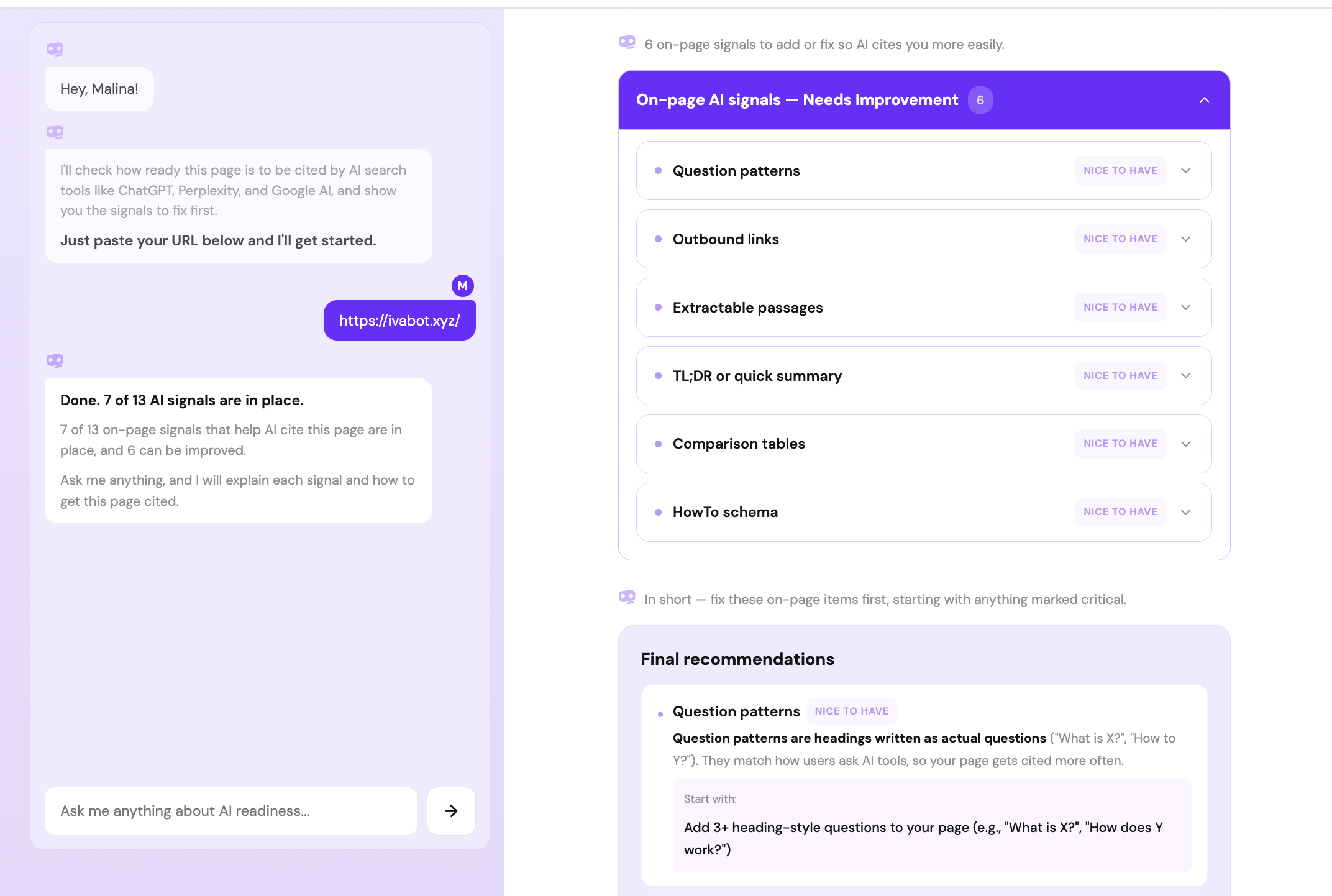 An AI Readiness tool card describing a check of whether ChatGPT, Perplexity and Google AI mention and cite a page.