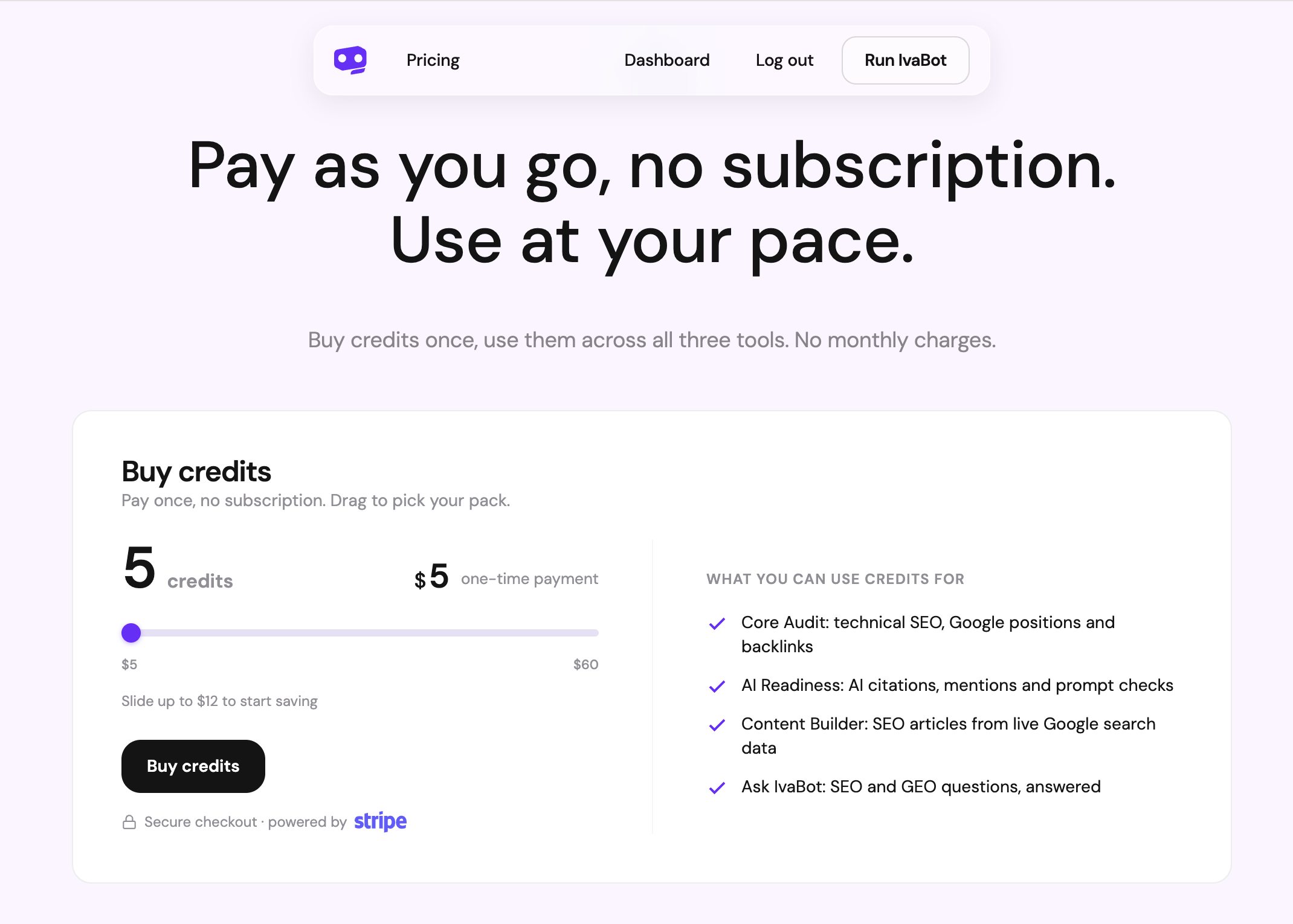 A credit purchase screen with a slider from 5 to 60 dollars and no subscription option.