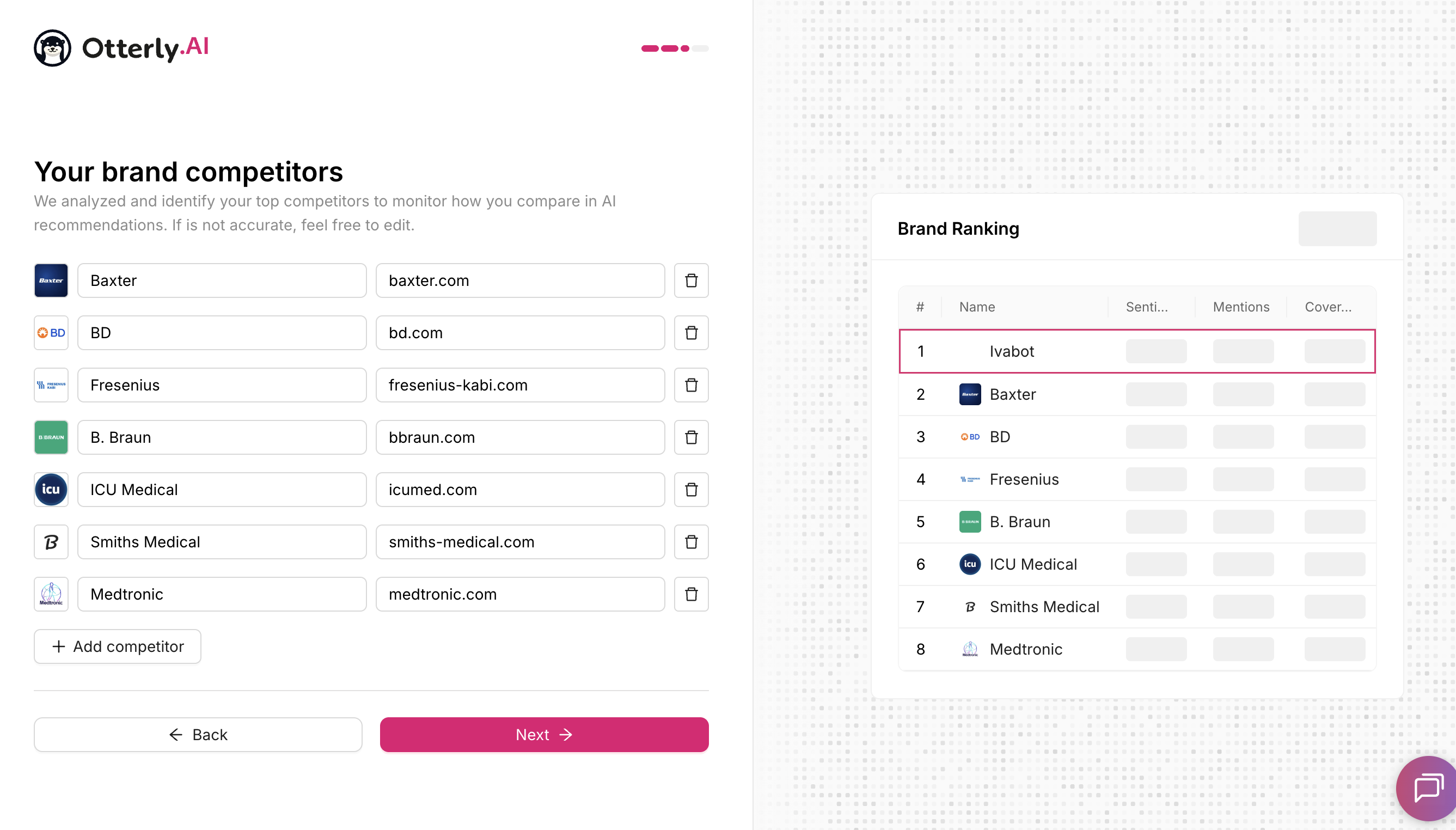 Otterly AI competitor detection listing seven medical device manufacturers including Baxter, BD, Fresenius and Medtronic as competitors of an SEO tool.