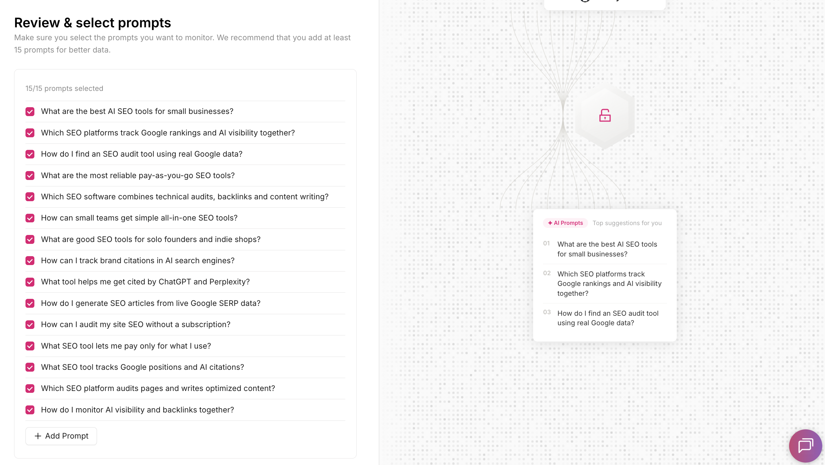 Otterly AI review and select prompts screen listing fifteen generated prompts about SEO tools, pay as you go pricing and AI citations.