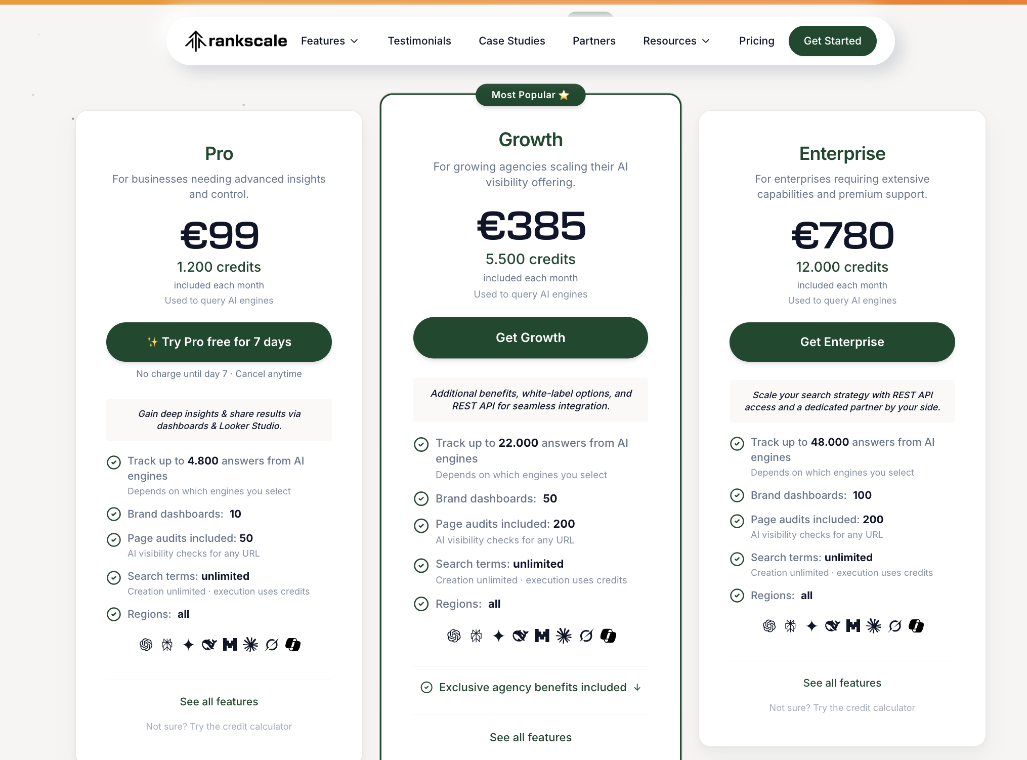 Rankscale pricing page showing Essentials at 20 euros for 120 credits, Pro at 99 euros, Agency Growth at 385 euros and Enterprise at 780 euros.