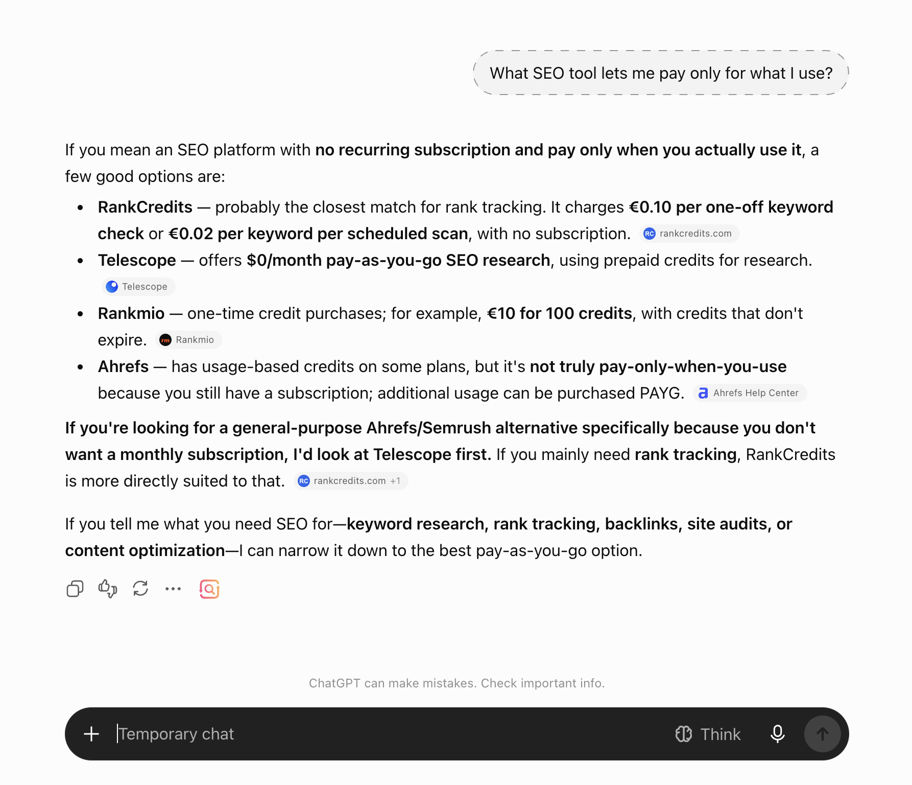 First temporary chat run of the prompt about pay-as-you-go SEO tools, listing four tools.