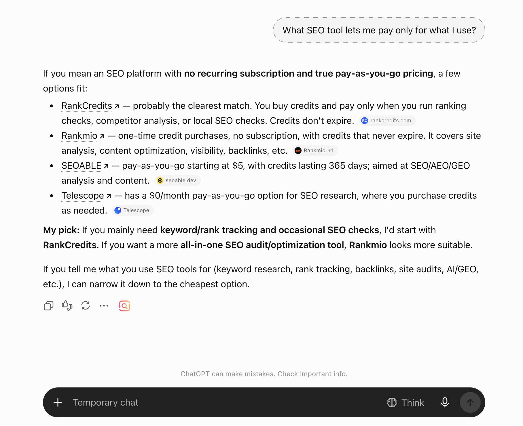Second temporary chat run of the same prompt returning a different set of tools.