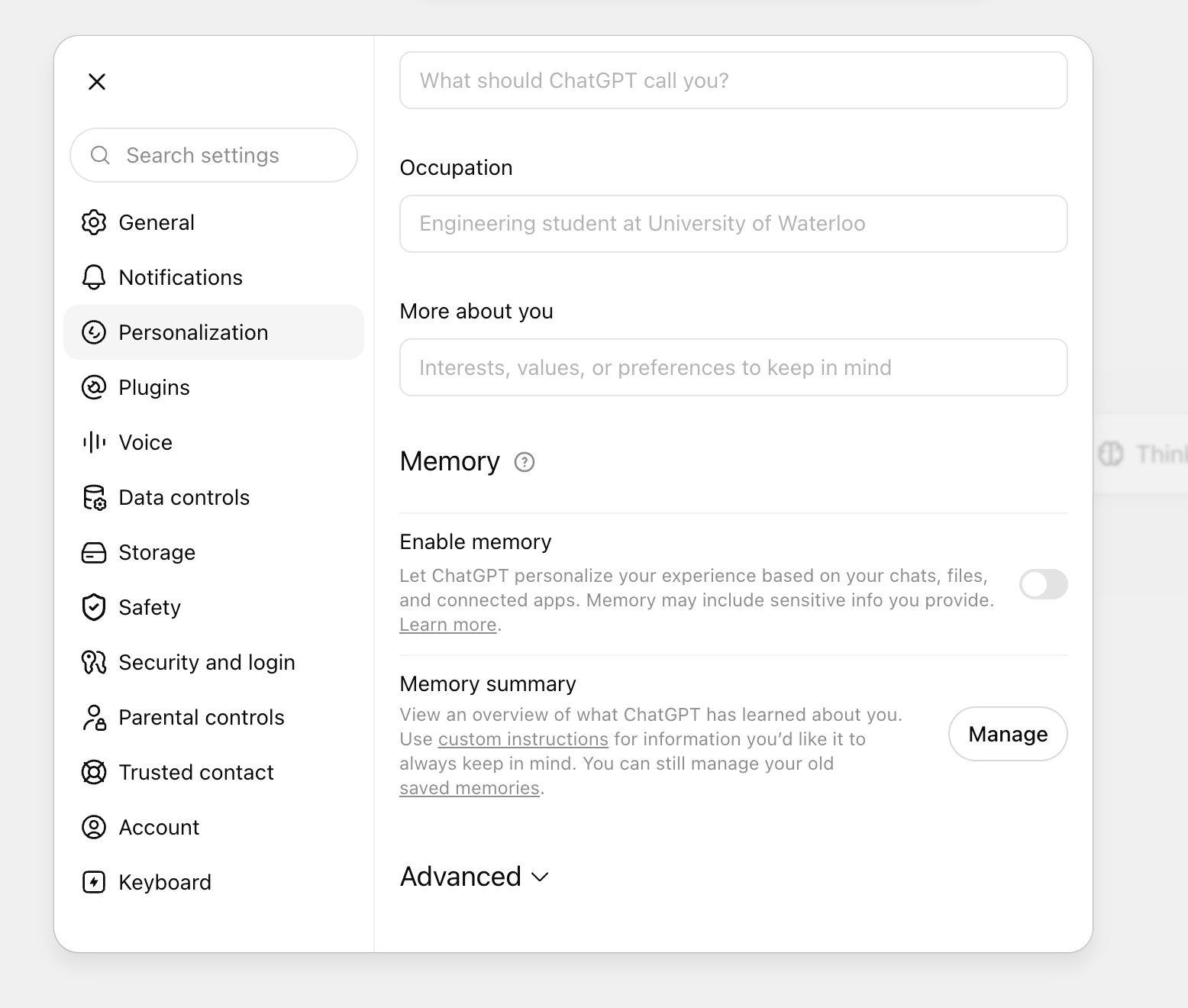 ChatGPT personalization settings with the memory option switched off before a measurement run.
