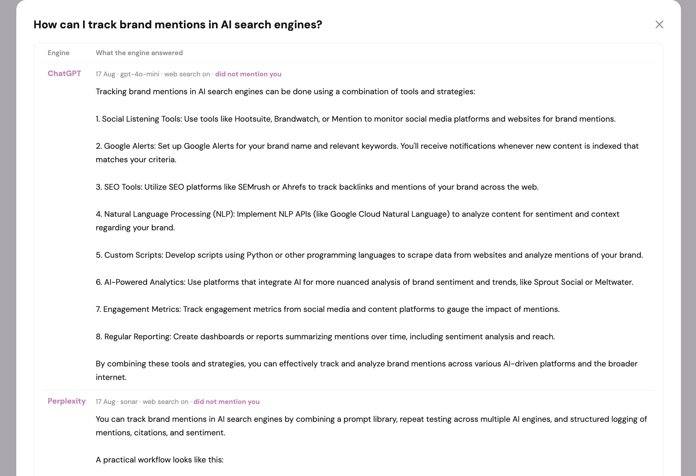 Stored engine answers in IvaBot showing the date, engine and whether the brand was mentioned.