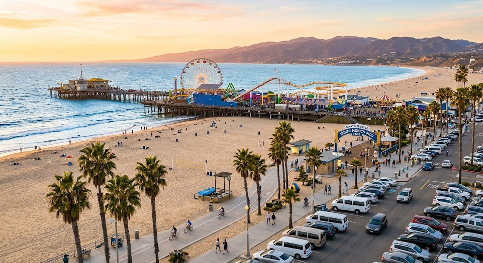 A vibrant sunset photograph of the Santa Monica Pier, one of the many popular Southern California destinations easily accessible with a van rental from LAX Vans.