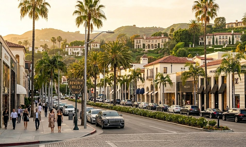 A luxurious street view of Rodeo Drive in Beverly Hills at sunset, featuring the iconic Beverly Hills shield sign, palm-lined sidewalks with designer boutiques, and premium vehicles suitable for the upscale travel services provided by LAX Vans.