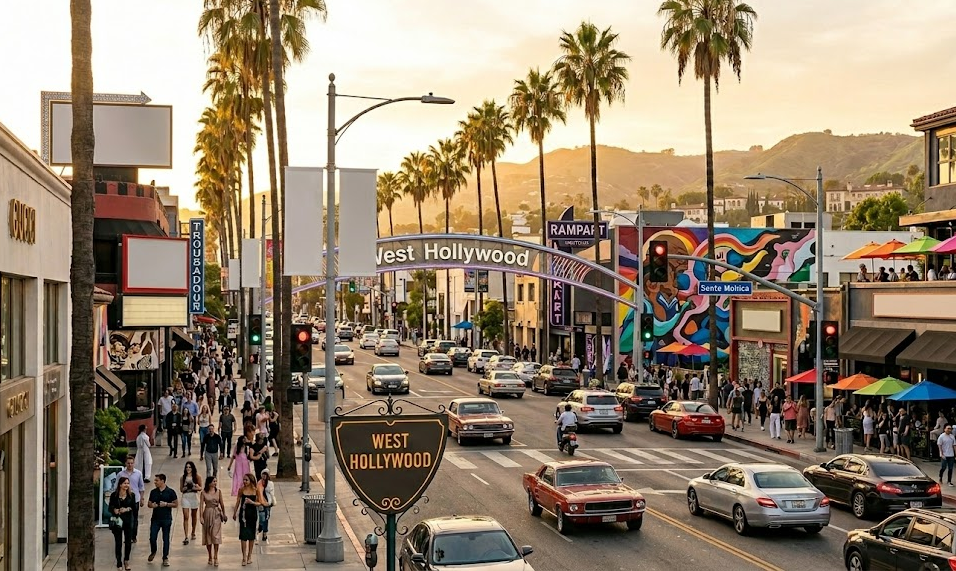 A lively street view of Sunset Boulevard in West Hollywood at sunset, featuring the iconic West Hollywood gateway arch and shield sign, palm trees, colorful murals, and busy traffic including various passenger vehicles ideal for the group transportation services offered by LAX Vans.
