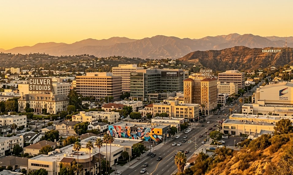 An aerial cityscape of Culver City at sunset, highlighting the historic Culver Hotel, the Culver Studios sign, and the Sony Pictures lot, demonstrating the diverse Los Angeles service areas covered by the LAX Vans transportation fleet.
