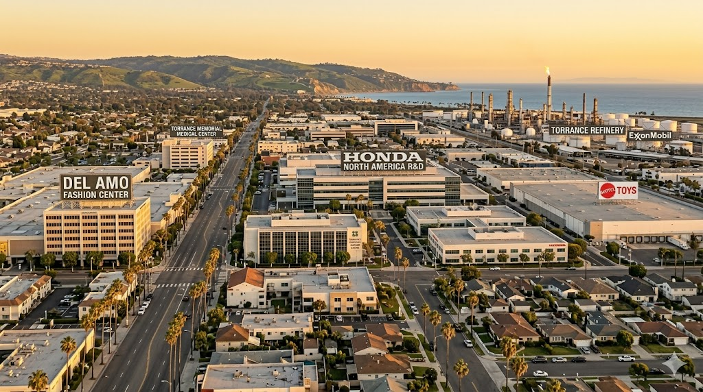 An aerial view of Torrance at sunset showing prominent landmarks such as the Del Amo Fashion Center and the Honda North America R&D facility near the coast, representing a key South Bay service area for LAX Vans group travel.