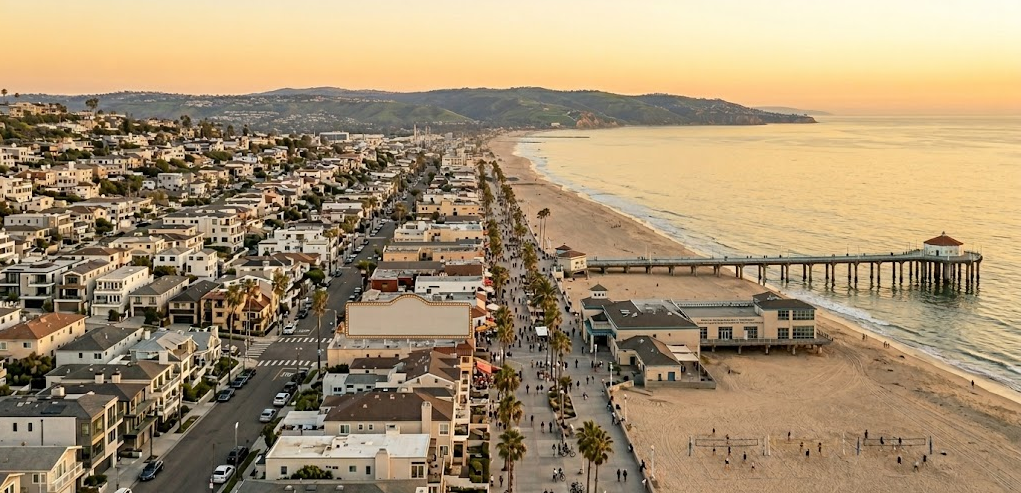 A stunning elevated view of the Manhattan Beach pier and Strand during the golden hour, showing beach volleyball courts and the residential hills.