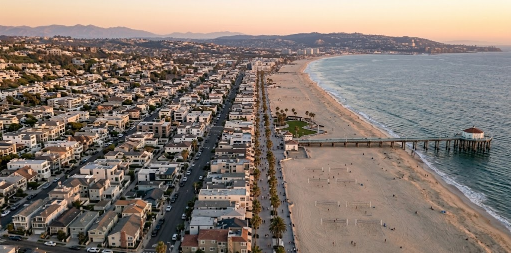 The image shows rows of residential homes on the left, a linear Strand promenade lined with palm trees and a paved path in the center, and a wide sandy beach with beach volleyball courts and a prominent pier on the right, all meeting the Pacific Ocean coastline. The background features distant hills and a clear, warm sunset sky.