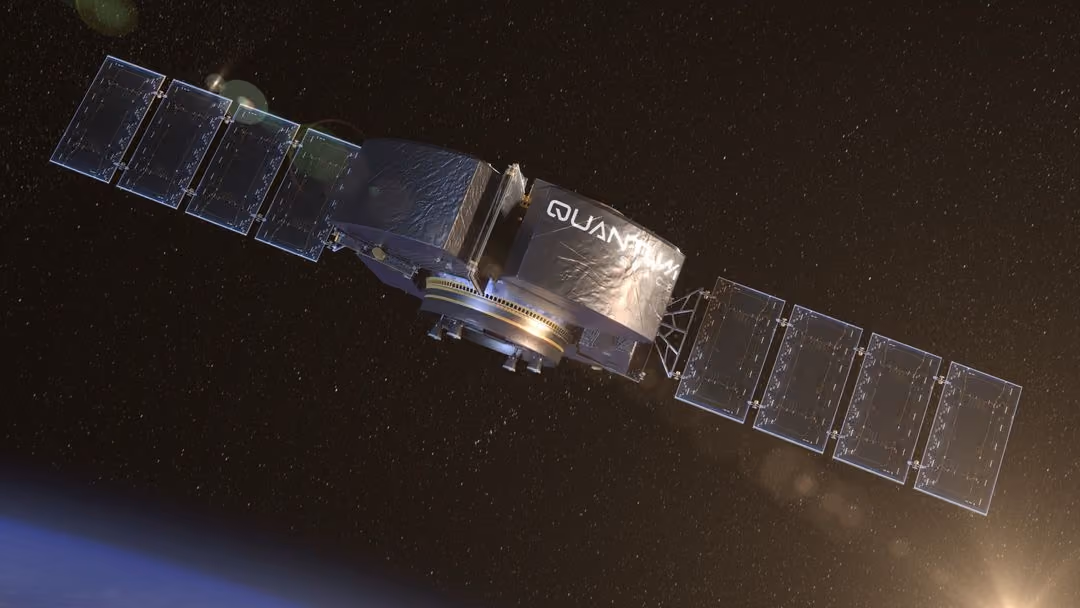 Space satellite with extended solar panels orbiting above Earth against starry space background.
