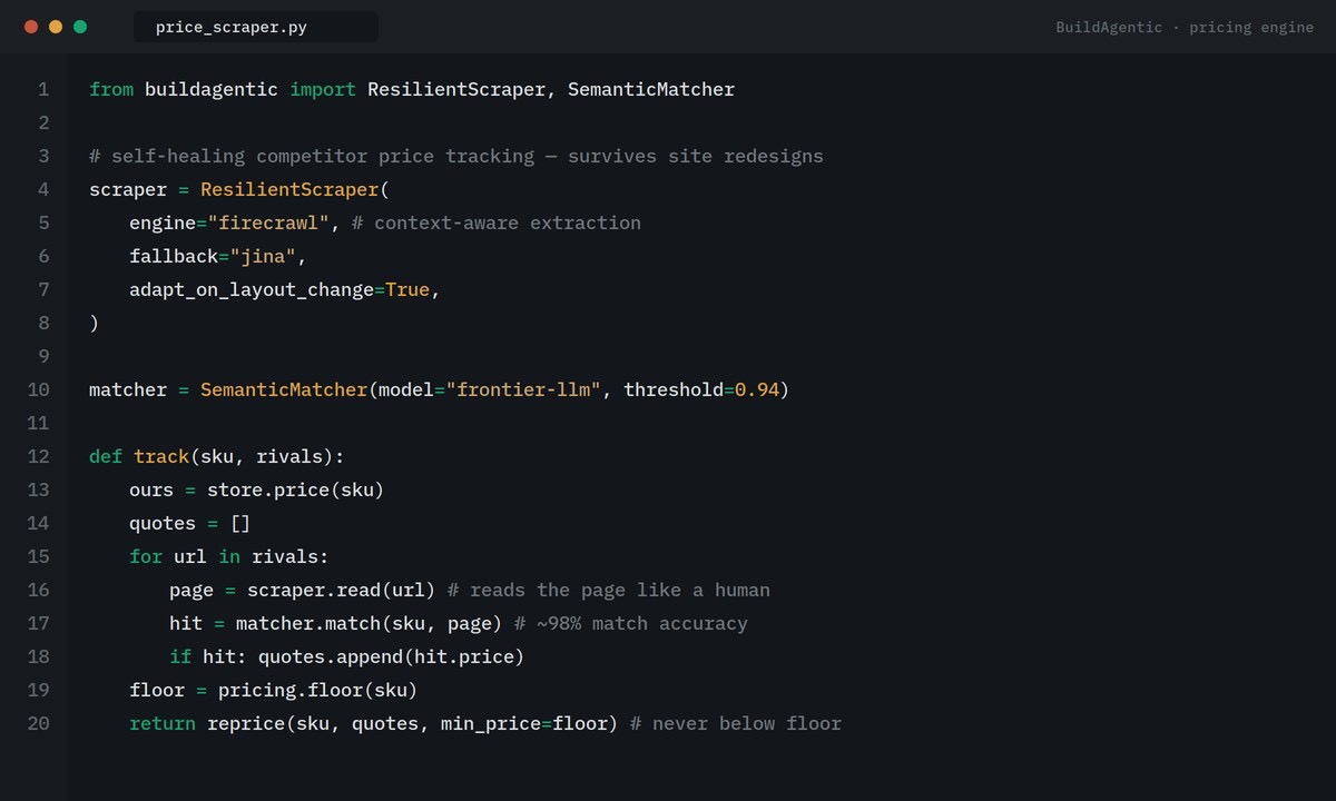Python code for a self-healing AI competitor price scraper using Firecrawl and semantic product matching 