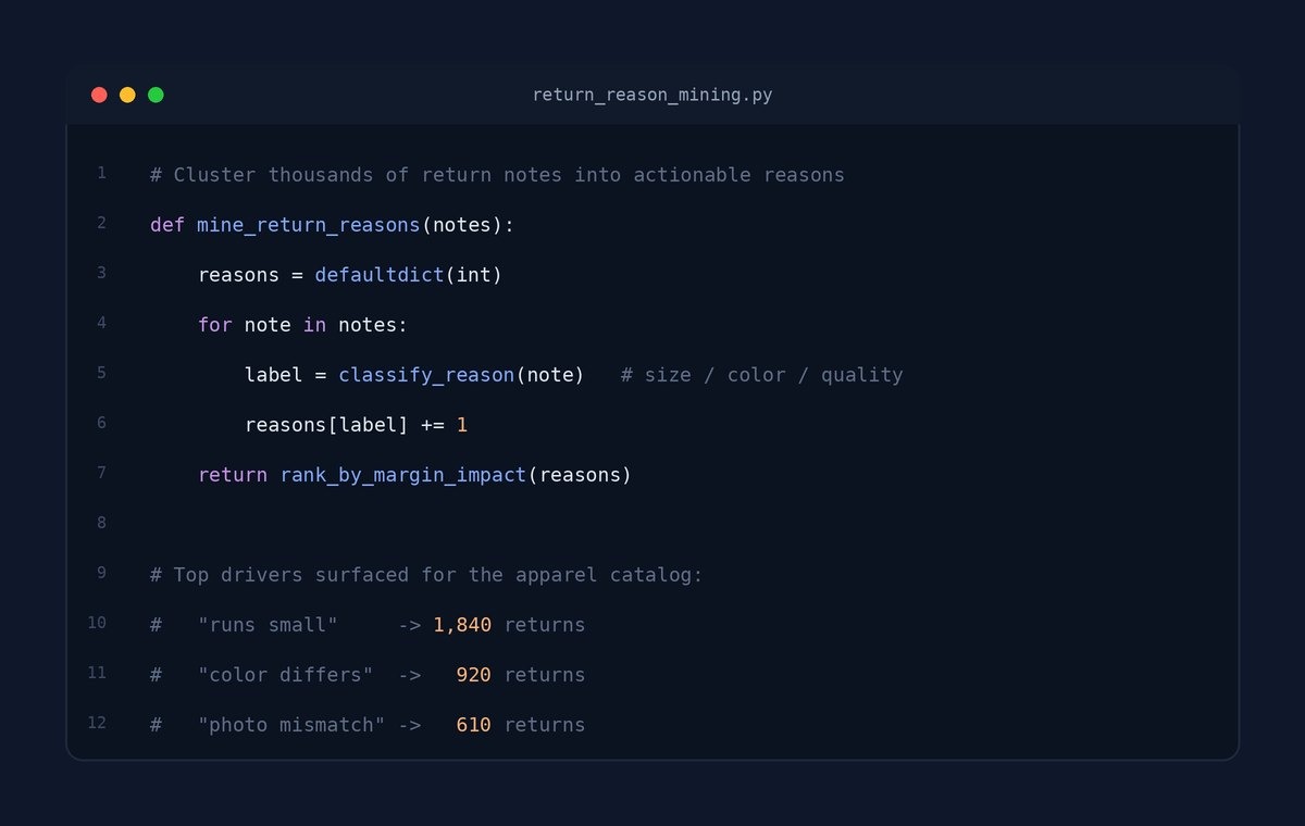Python code for AI reason mining that classifies and clusters ecommerce return notes by reason