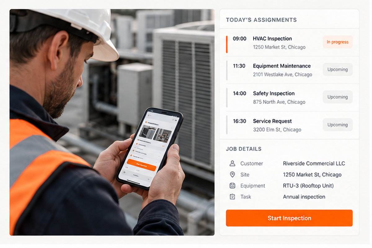 Field technician using an FSM mobile app with assigned jobs, job details, and inspection workflow