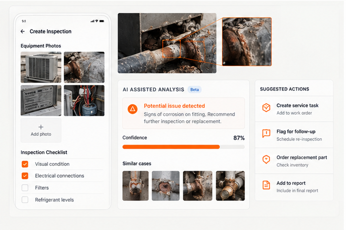 AI-assisted field inspection workflow analyzing equipment photos and suggesting follow-up actions
