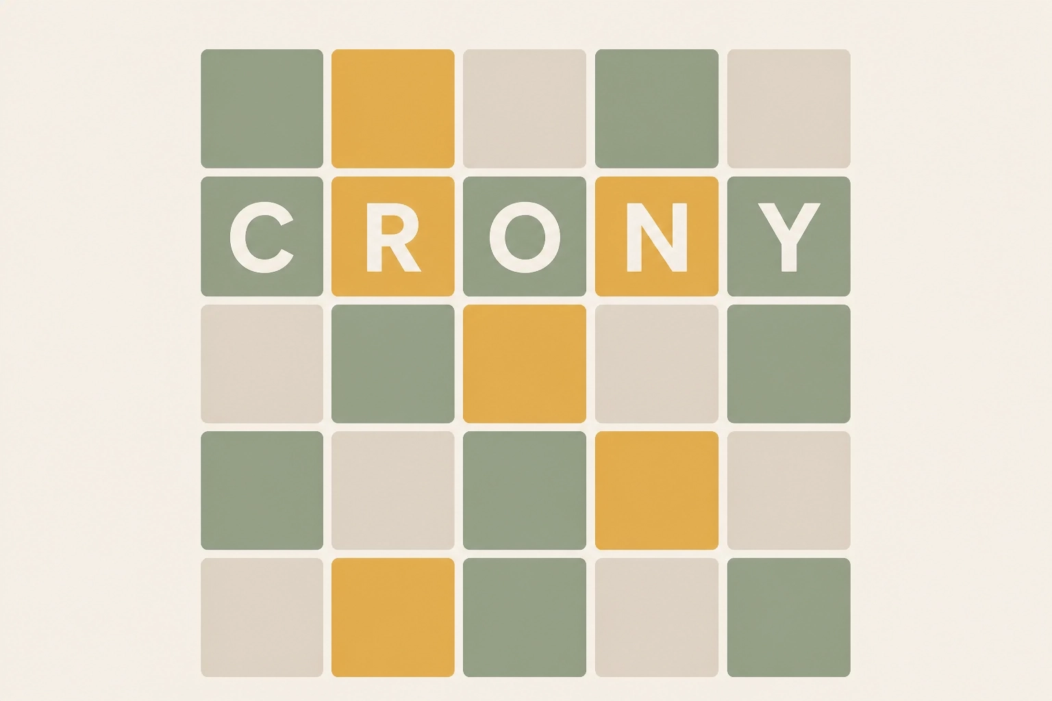 The word CRONY in a minimalist Wordle grid