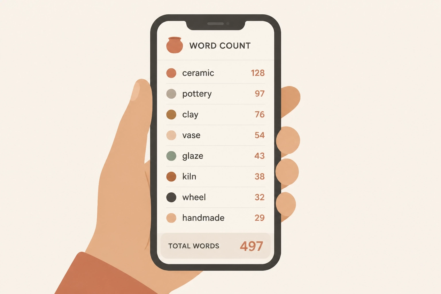 A hand holding a phone showing word analysis